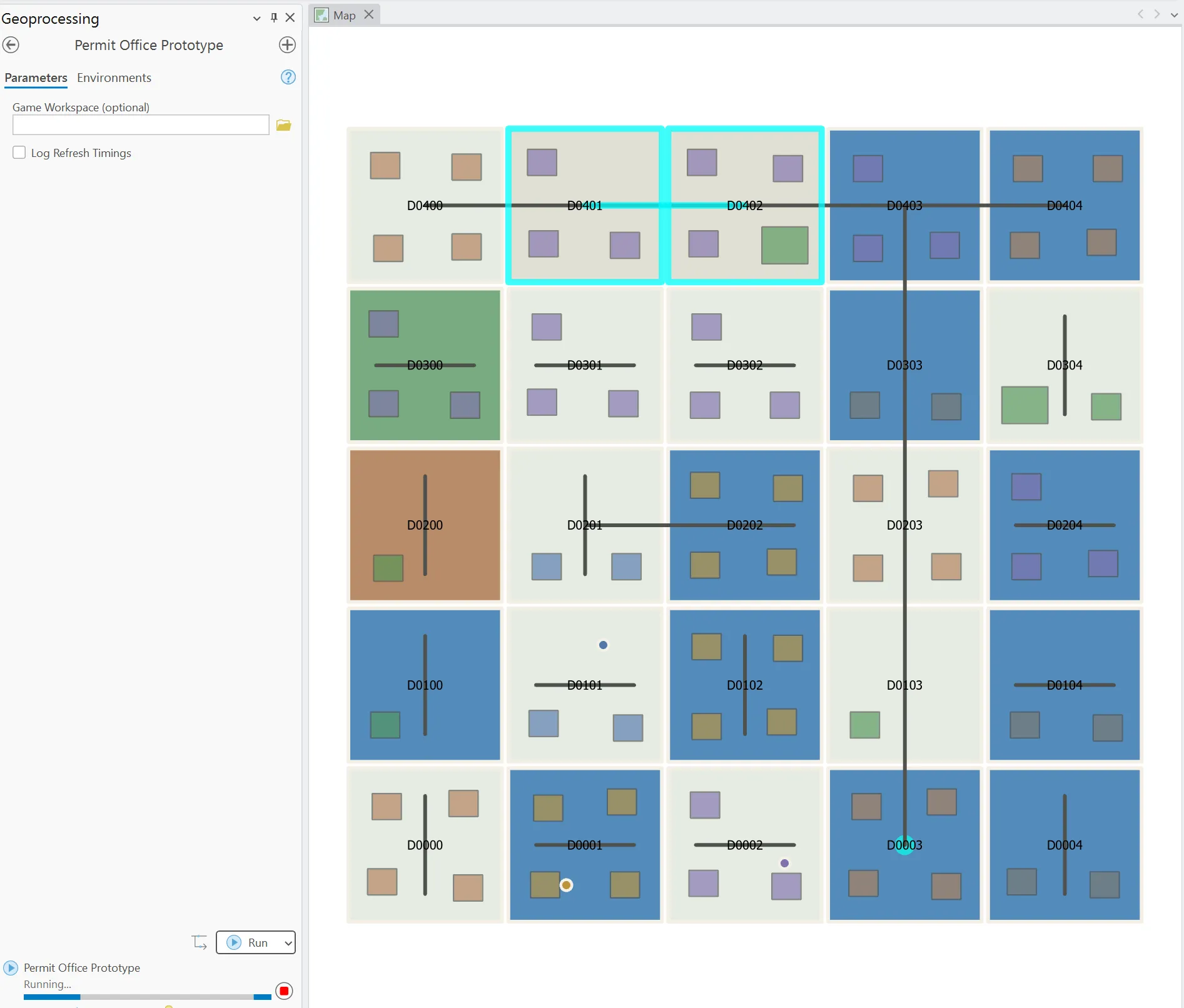 Permit Office running as a geoprocessing tool in ArcGIS Pro, with the labeled district grid and districts D0401 and D0402 selected from the active docket.