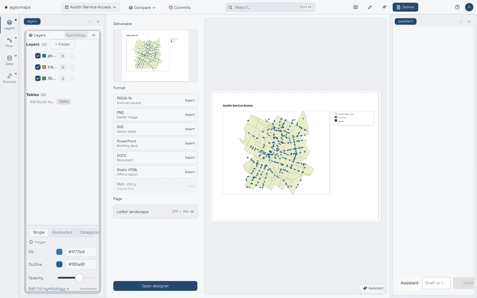 The ageomaps Deliver surface with the bundled Austin Service Access demo open. A format list offers PDF/A-1b, PNG, SVG, PowerPoint, DOCX and Static HTML export, with Web story marked Soon, and a Letter landscape page setting. The preview shows a rendered map page titled Austin Service Access: block-group polygons with transit stops and libraries plotted as dots, and a legend.