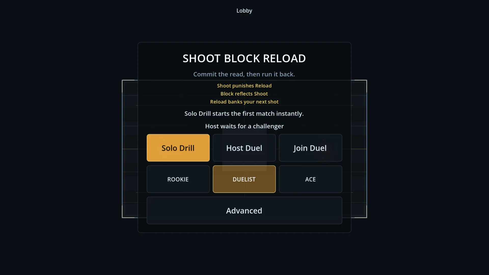 The SBR lobby: title Shoot Block Reload with the tagline 'Commit the read, then run it back', the three rules listed, mode buttons for Solo Drill, Host Duel, and Join Duel, and difficulty tiers Rookie, Duelist, and Ace.