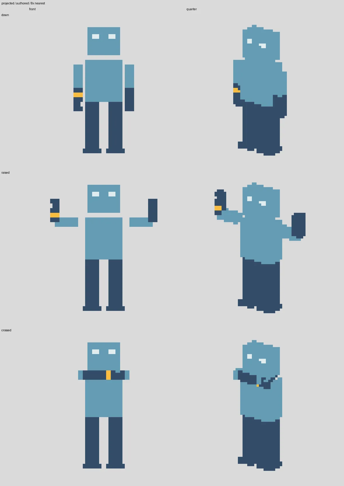 A blue and navy test robot drawn six times on a gray sheet, in three poses (arms down, arms raised, arms crossed) and two views (front and three-quarter). Its left forearm has a notch and a yellow stripe in every pose.