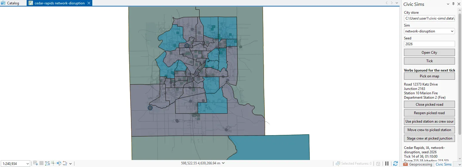 ArcGIS Pro with the map tab cedar-rapids network-disruption at tick 14, tracts in blue and grey. The Civic Sims pane shows a Verbs (queued for the next tick) section with a Pick on map button and the picks Road 12373 Katz Drive, Junction 2163 and Station 10 Marion Fire Department Station 2 (Fire), above the buttons Close picked road, Reopen picked road, Use picked station as crew source, Move crew to picked station and Stage crew at picked junction. The status reads Tick 14 of 36, 01:10:00.