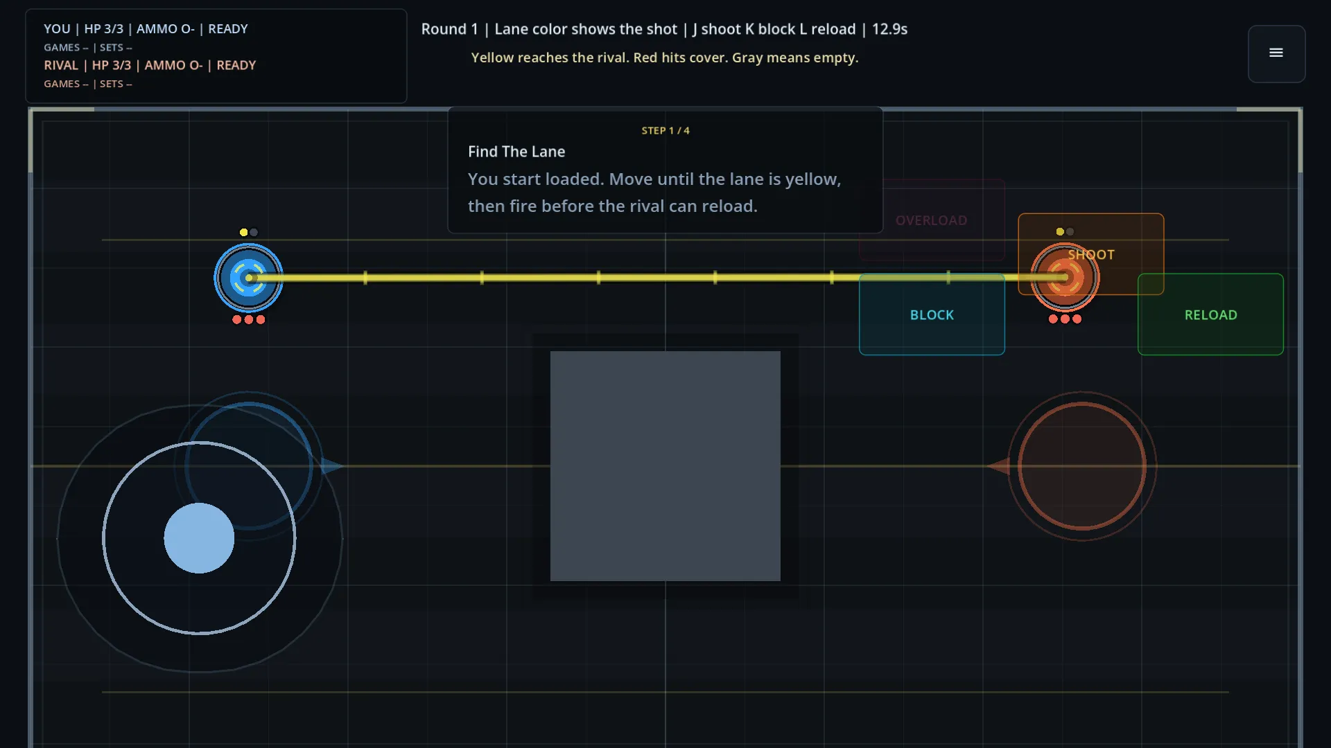 A clean overview of the Solo Drill arena, showing both duellists, the lane between them, cover, and the full HUD.