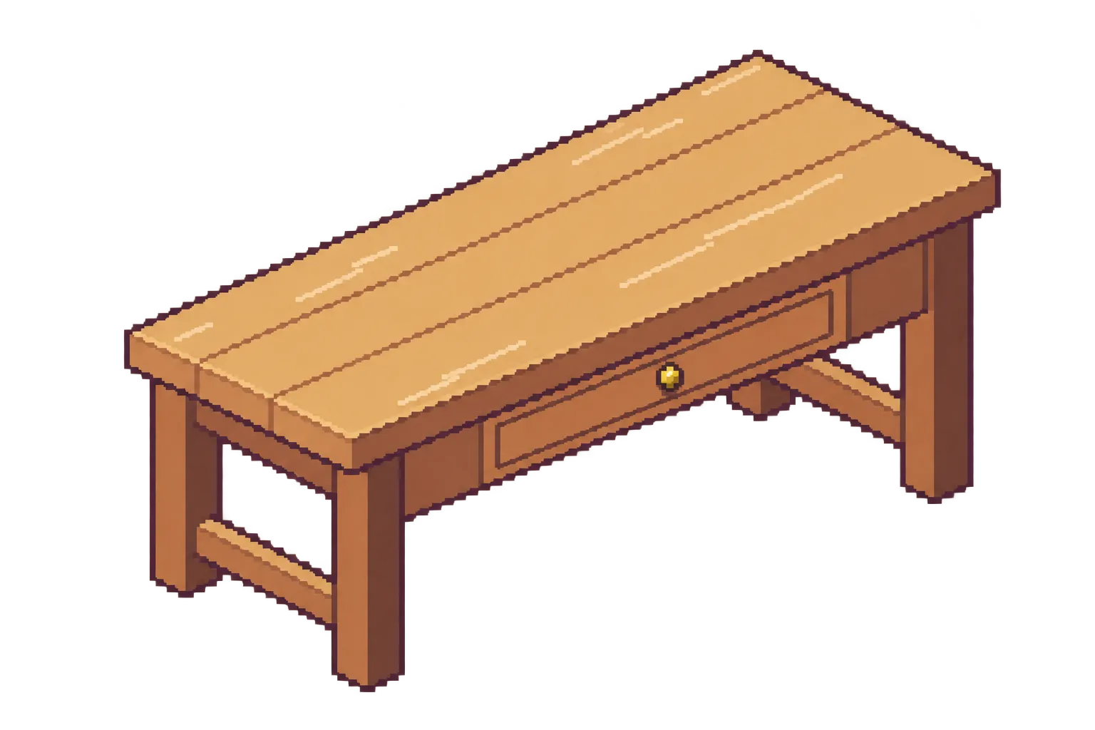 An AI-generated pixel-art wooden worktable in a 2:1 diagonal view on a black background, with a drawer and brass knob, a stretcher between the legs and a warm glow around its edges.