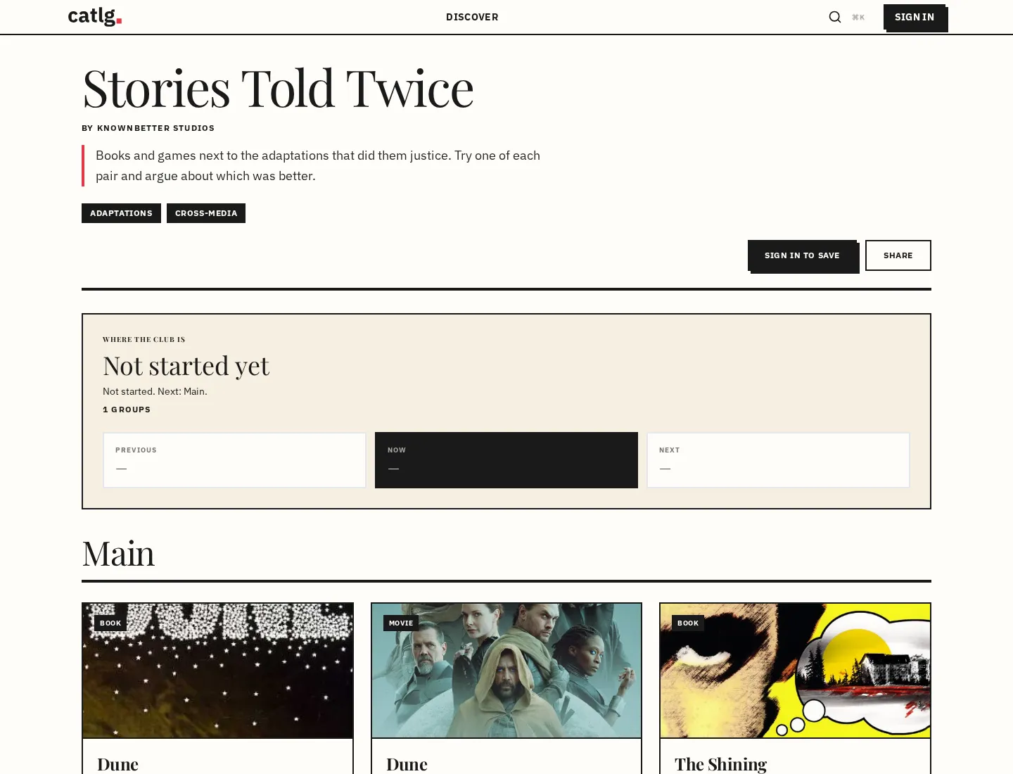 Stories Told Twice by KnownBetter Studios, with adaptation tags, Sign in to save and Share controls, a Not started yet Club panel, and book and film covers.