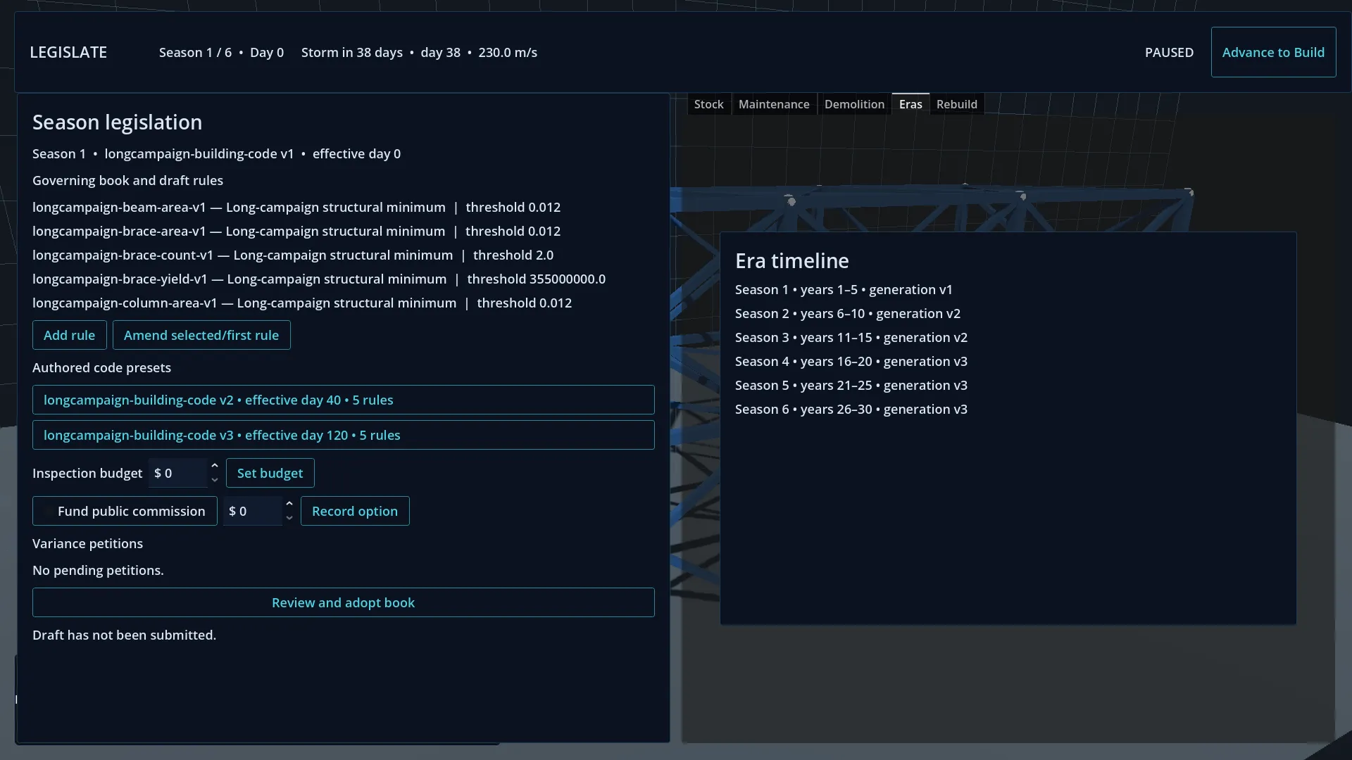 Long Campaign legislate screen, season 1 of 6, storm in 38 days. The left panel lists five structural code rules and two authored code presets dated day 40 and day 120. The right panel shows an era timeline of six seasons, five years each, with the code generation moving from v1 to v3.