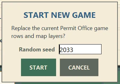 The Start New Game dialog with an editable random seed field set to 2033 and Start and Cancel buttons.
