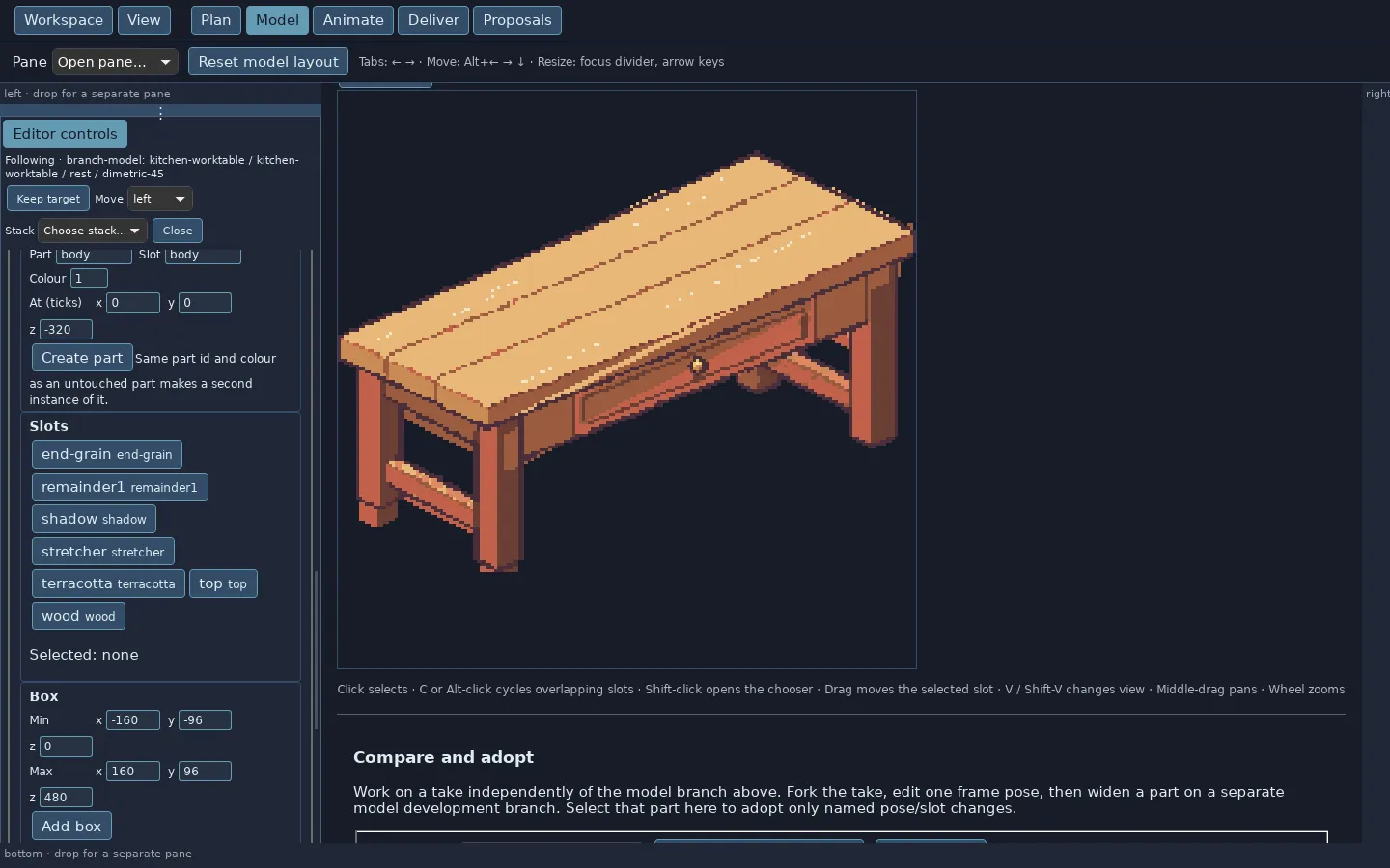 Pixelata's Model mode with the wooden worktable on the canvas. The left pane lists slots end-grain, remainder1, shadow, stretcher, terracotta, top and wood, above Box fields for minimum and maximum x, y and z.