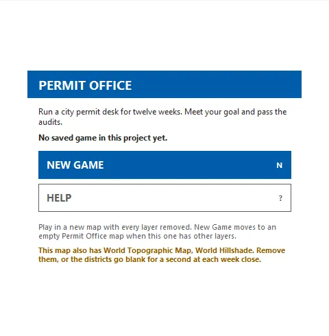Permit Office main menu with New Game and Help, no saved game, and a warning naming World Topographic Map and World Hillshade.