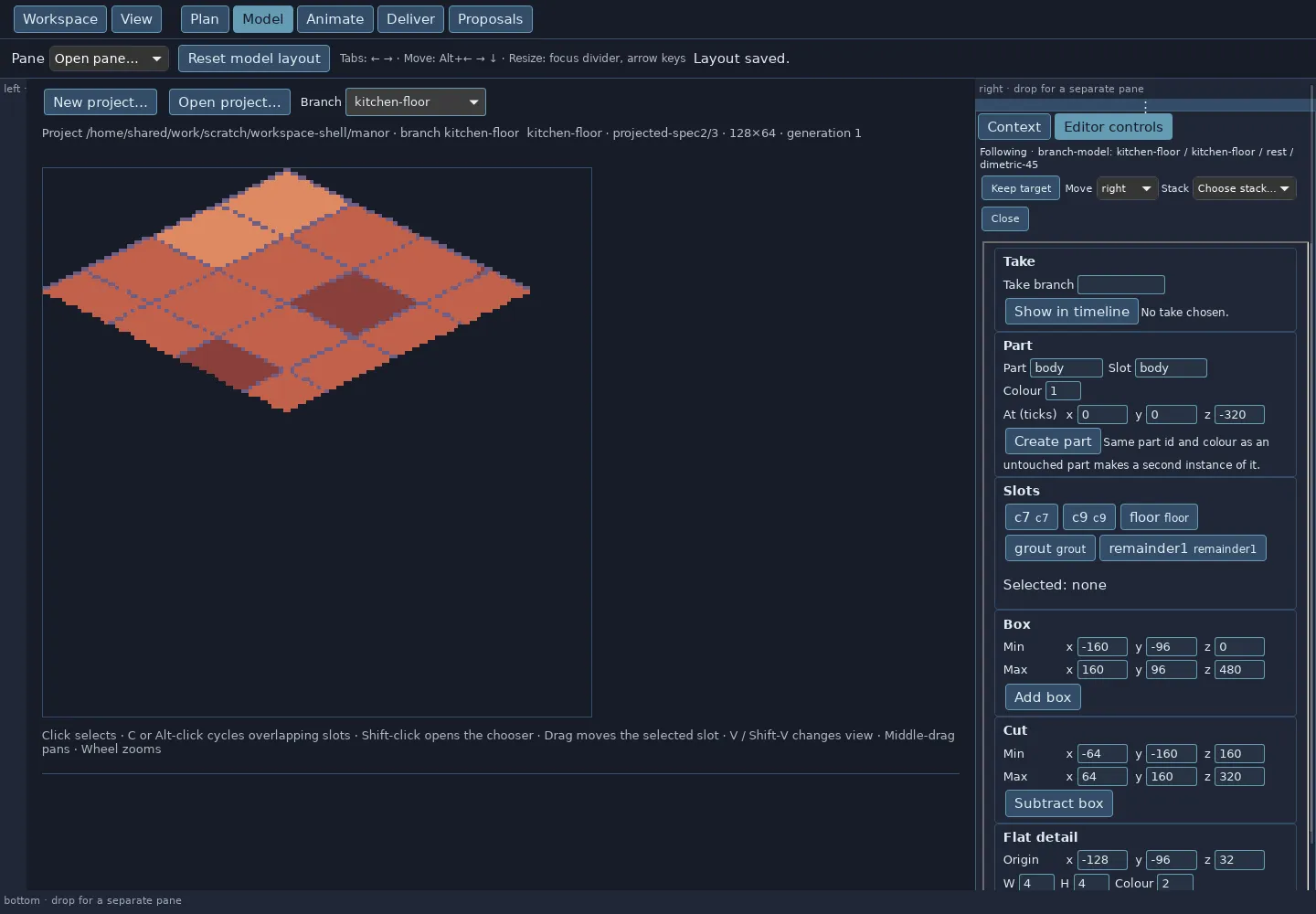 Pixelata's Model mode on branch kitchen-floor, 128×64, generation 1. The canvas shows a diamond floor tile in terracotta checks with grout lines. The right pane lists slots c7, c9, floor, grout and remainder1 and has Box, Cut and Flat detail panels with number fields.
