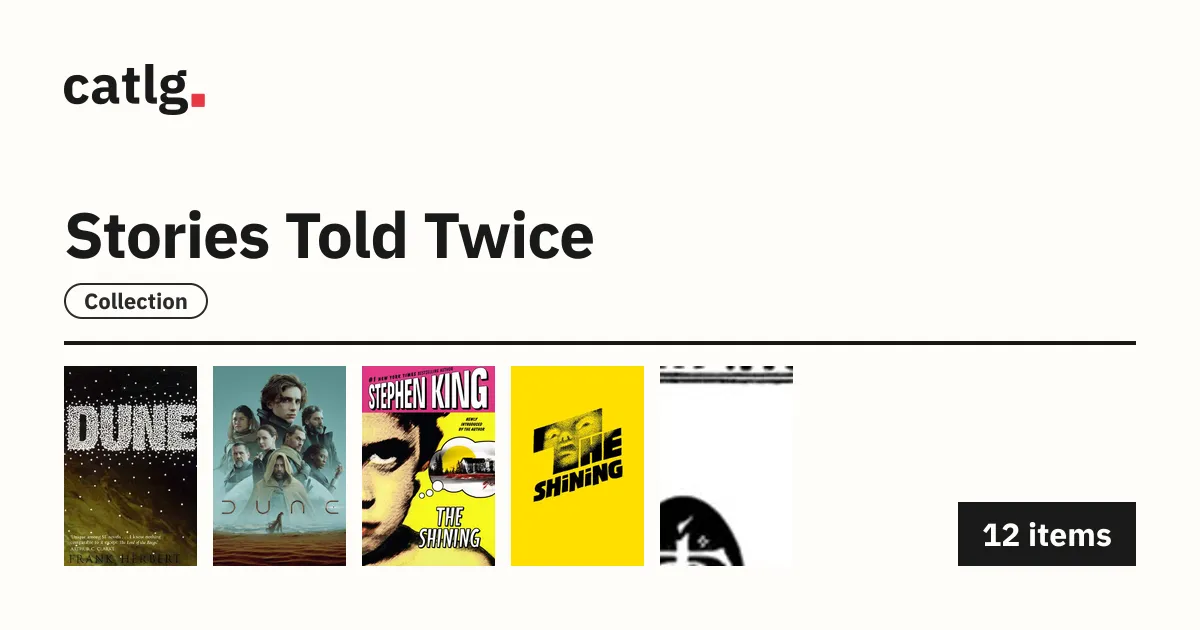 A Catlg share-preview card titled Stories Told Twice, with the catlg wordmark, a Collection pill, five cover images and a 12 items count.