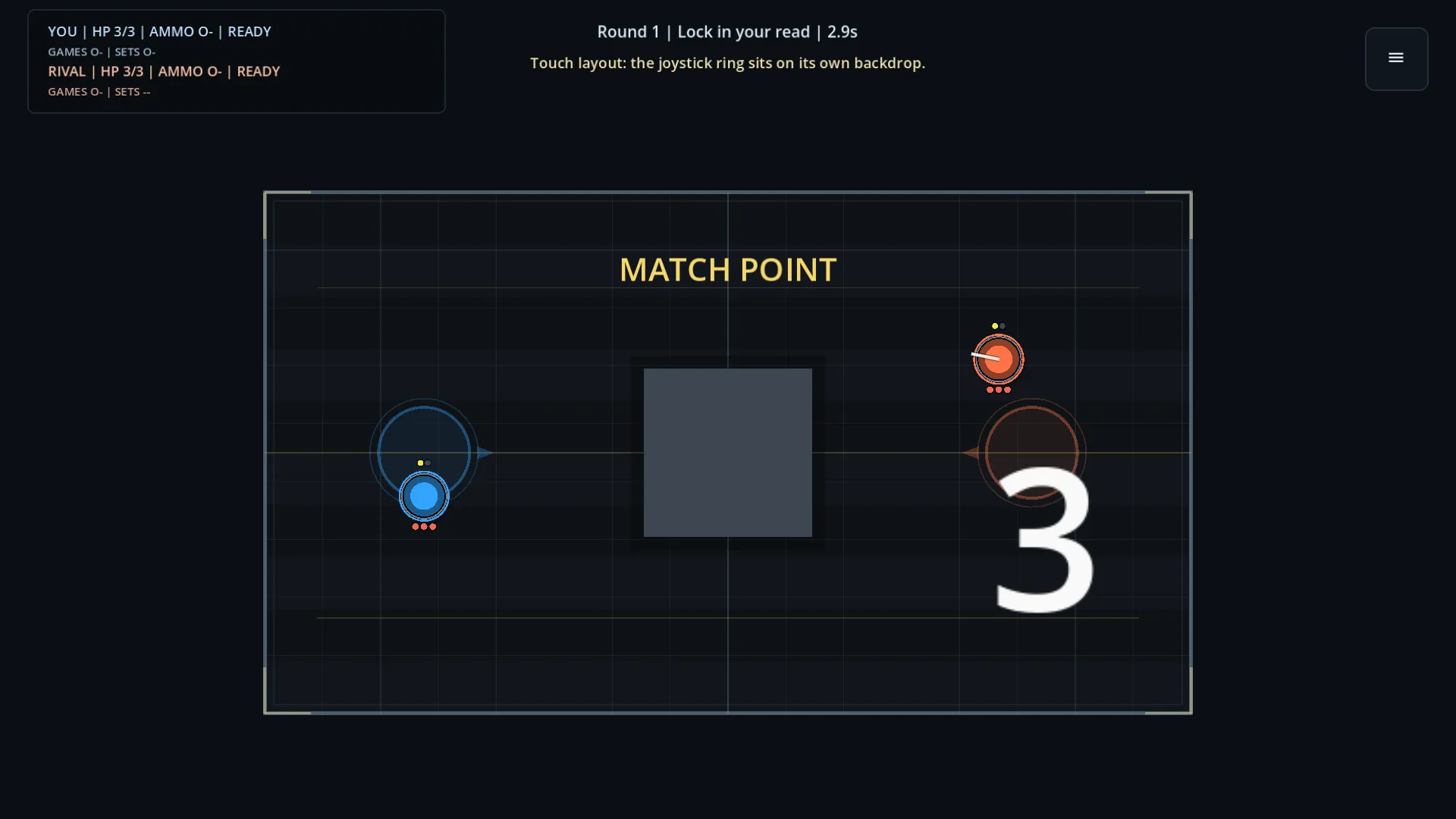 Match point presentation showing the games and sets structure with a countdown.