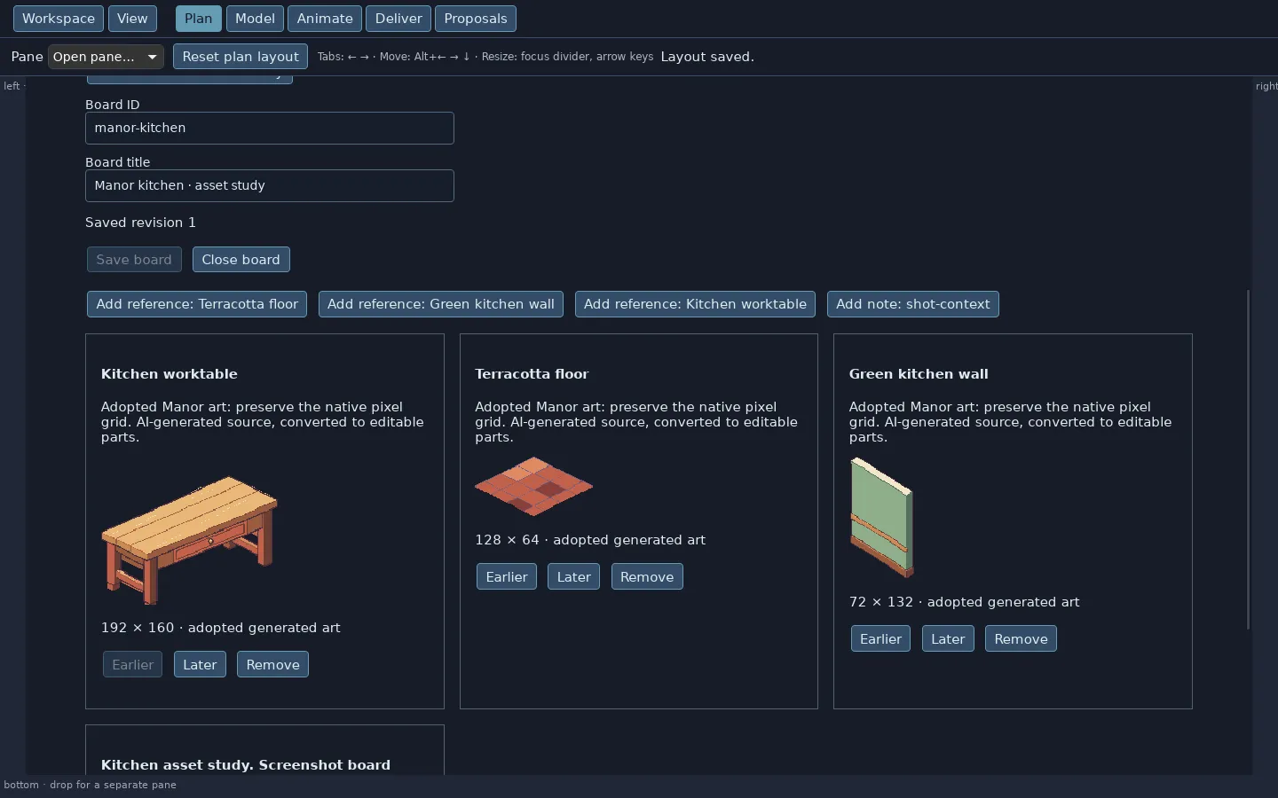 Plan mode showing a board titled Manor kitchen · asset study with three reference cards: a wooden worktable at 192 × 160, a terracotta floor tile at 128 × 64 and a green wall panel at 72 × 132, each labeled adopted generated art, with Earlier, Later and Remove buttons.