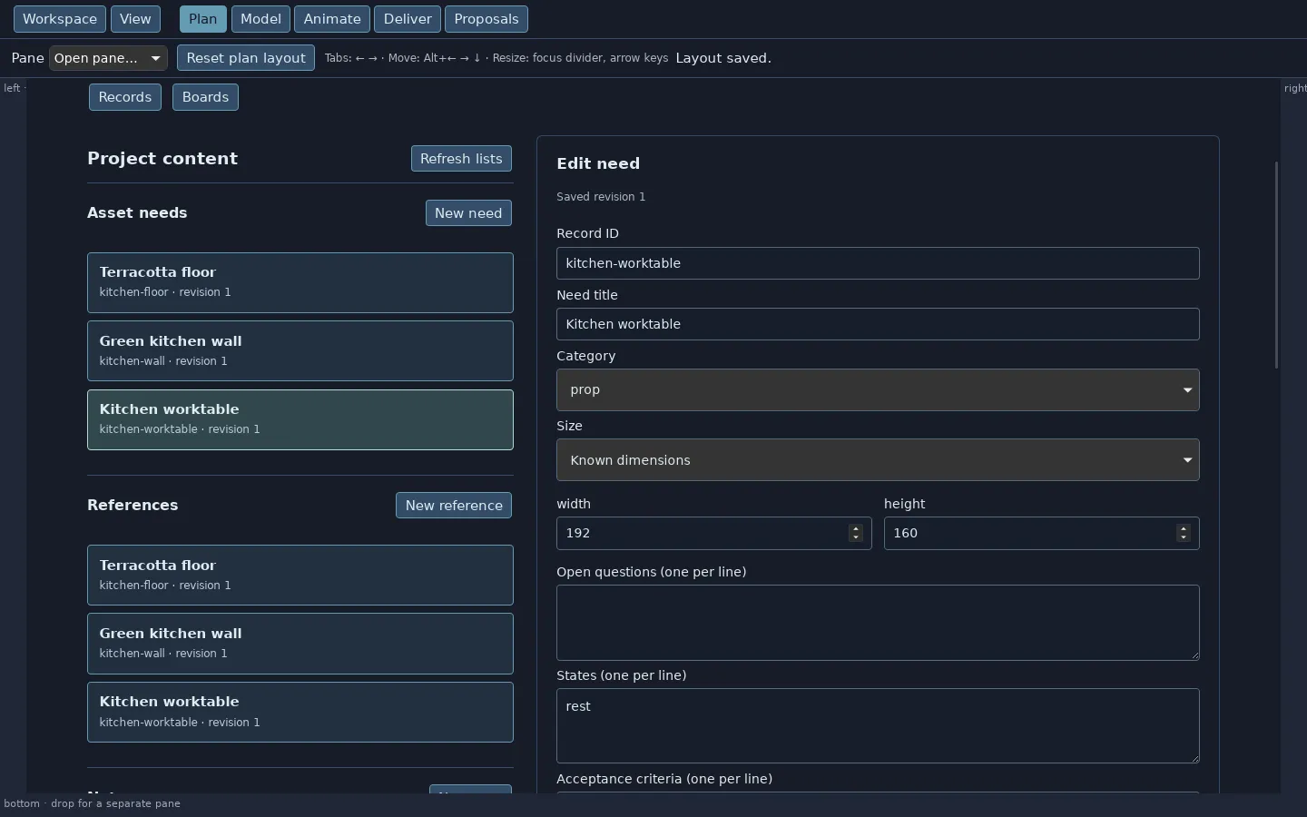 Plan mode's records view. Asset needs and References each list Terracotta floor, Green kitchen wall and Kitchen worktable. The Edit need form for the worktable shows category prop, known dimensions 192 by 160 and the state rest.