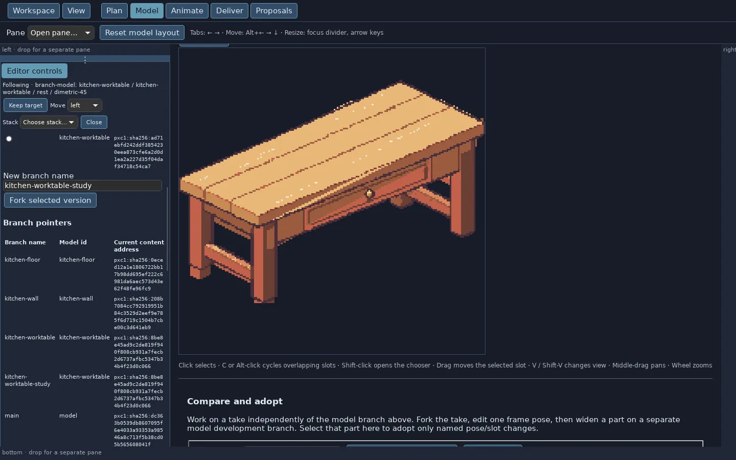 Model mode with the worktable on the canvas and a Branch pointers table beside it. The branches kitchen-worktable and kitchen-worktable-study list the same content address, a long sha256 string, under a Fork selected version button.