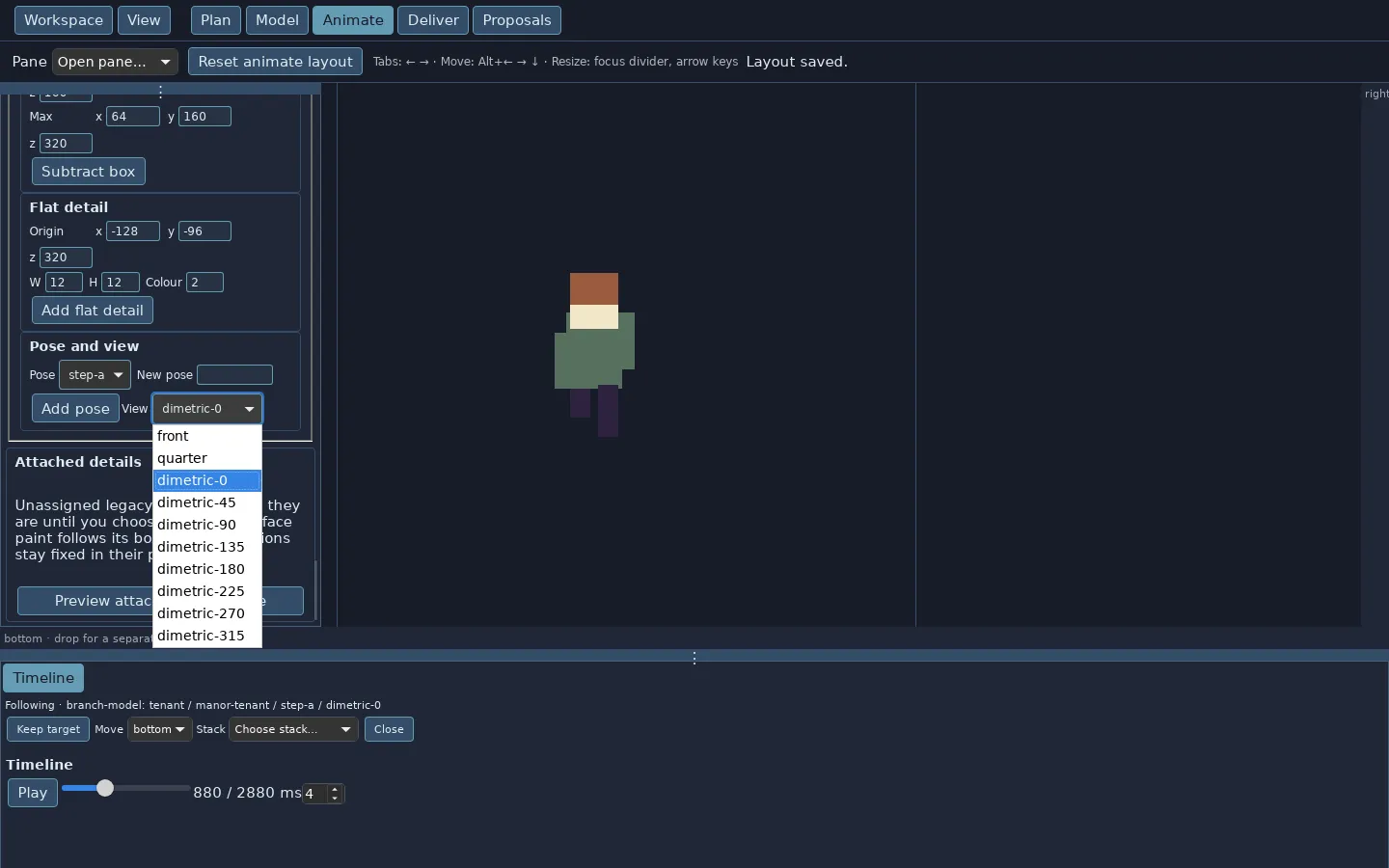 Animate mode with a small blocky character in a green coat. The View menu is open, listing front, quarter and eight diagonal angles from 0 to 315 degrees. Below, a timeline reads 880 / 2880 ms on pose step-a.