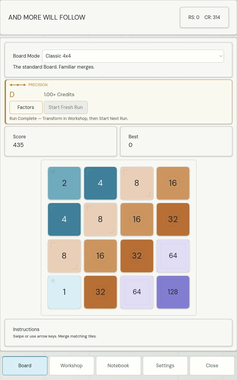 And More Will Follow: the Classic 4x4 merge board part-way through a run, tiles from 1 to 128, with the precision scorecard above it.