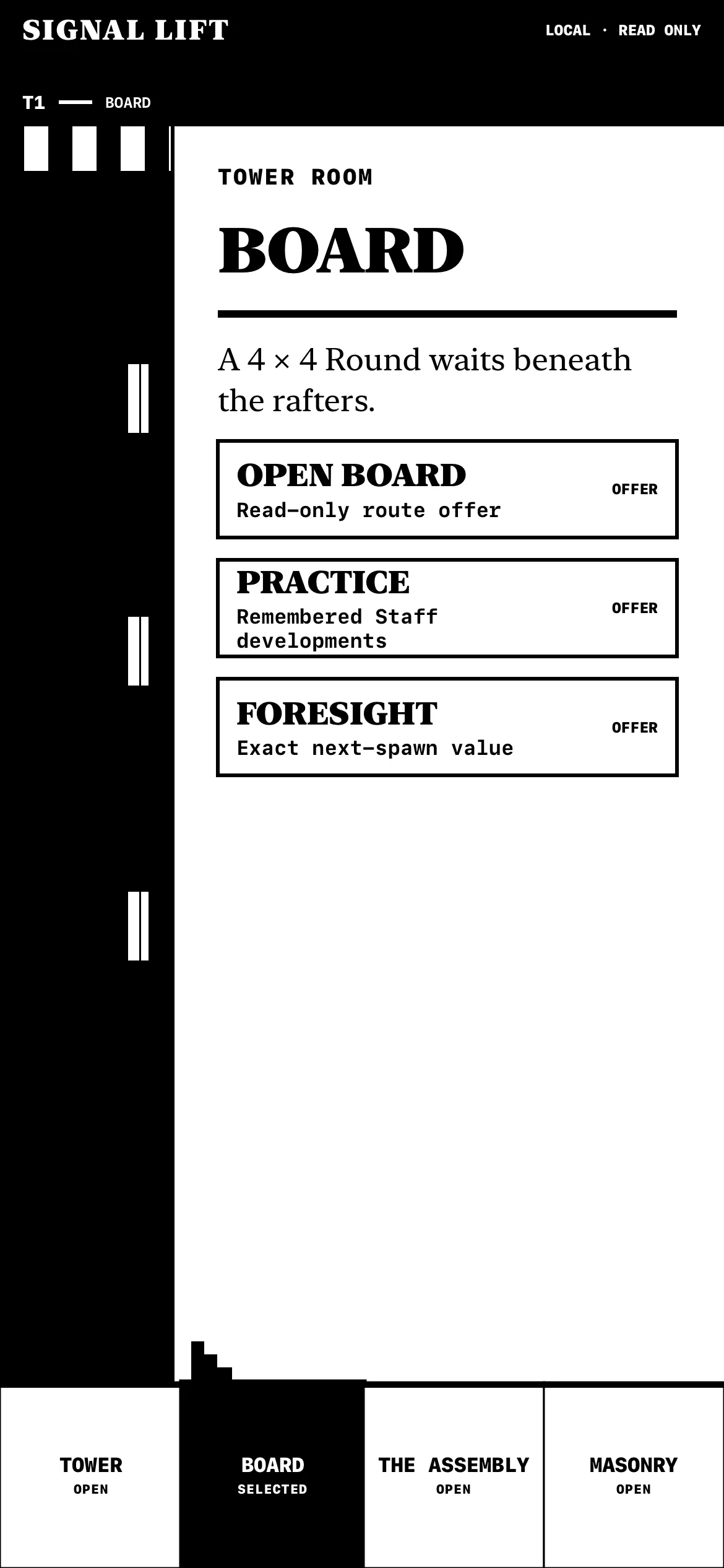 Board room navigation study with Open Board, Practice, and Foresight actions beside the Tower.