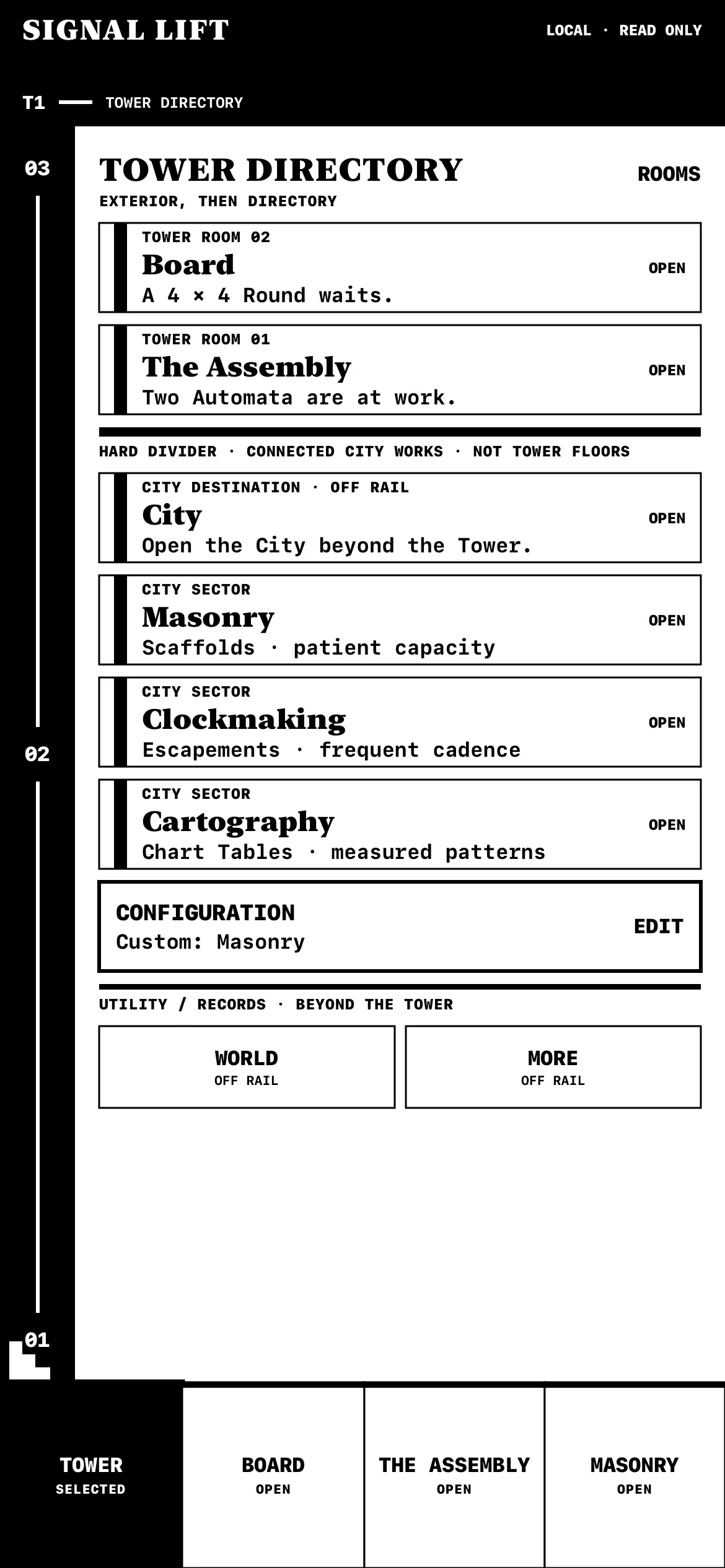 Tower directory with Board and Assembly rooms, City destinations, and a vertical floor indicator.