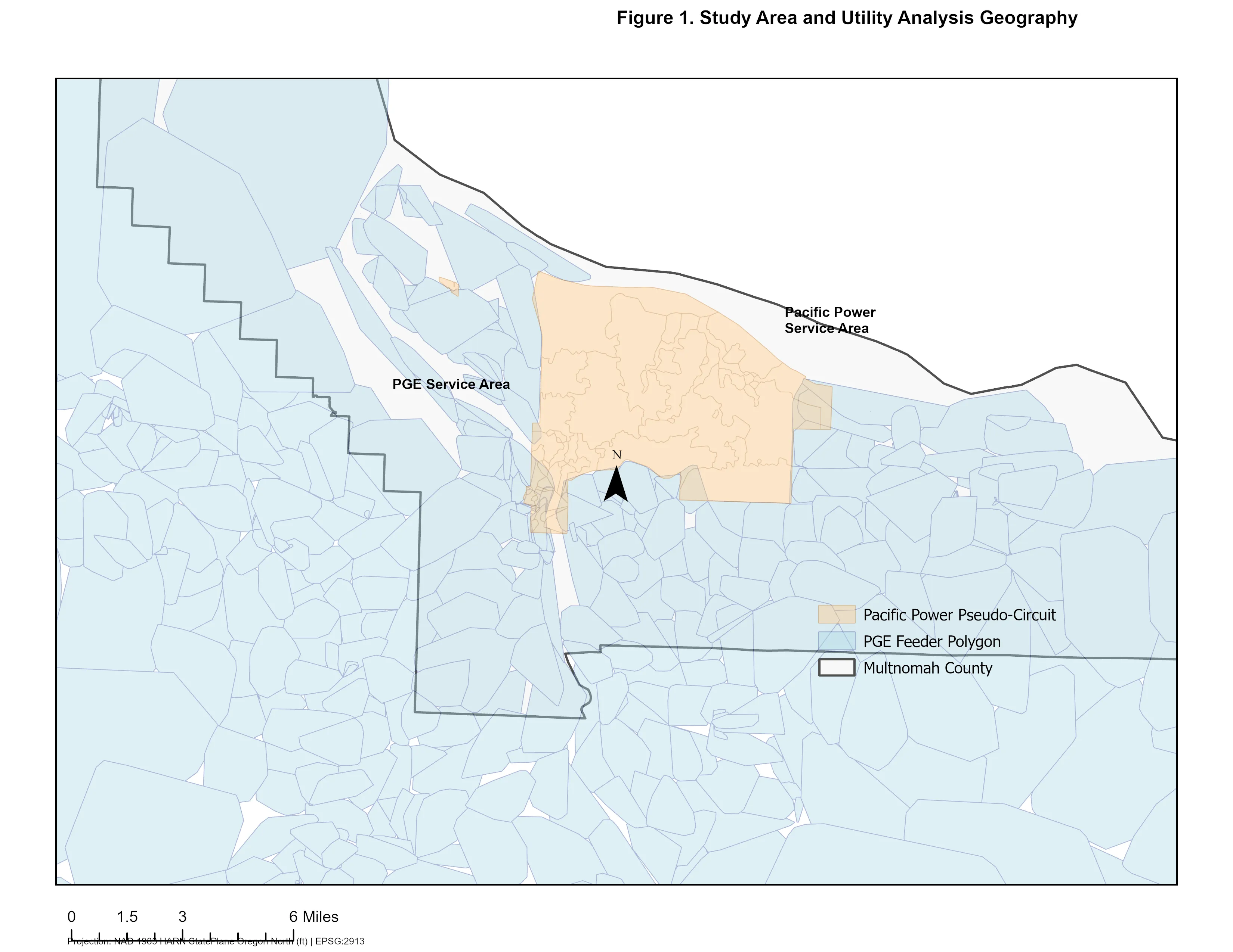 Map of Portland-area electric distribution geography: PGE feeder polygons across Multnomah County with the constructed Pacific Power pseudo-circuit area highlighted.
