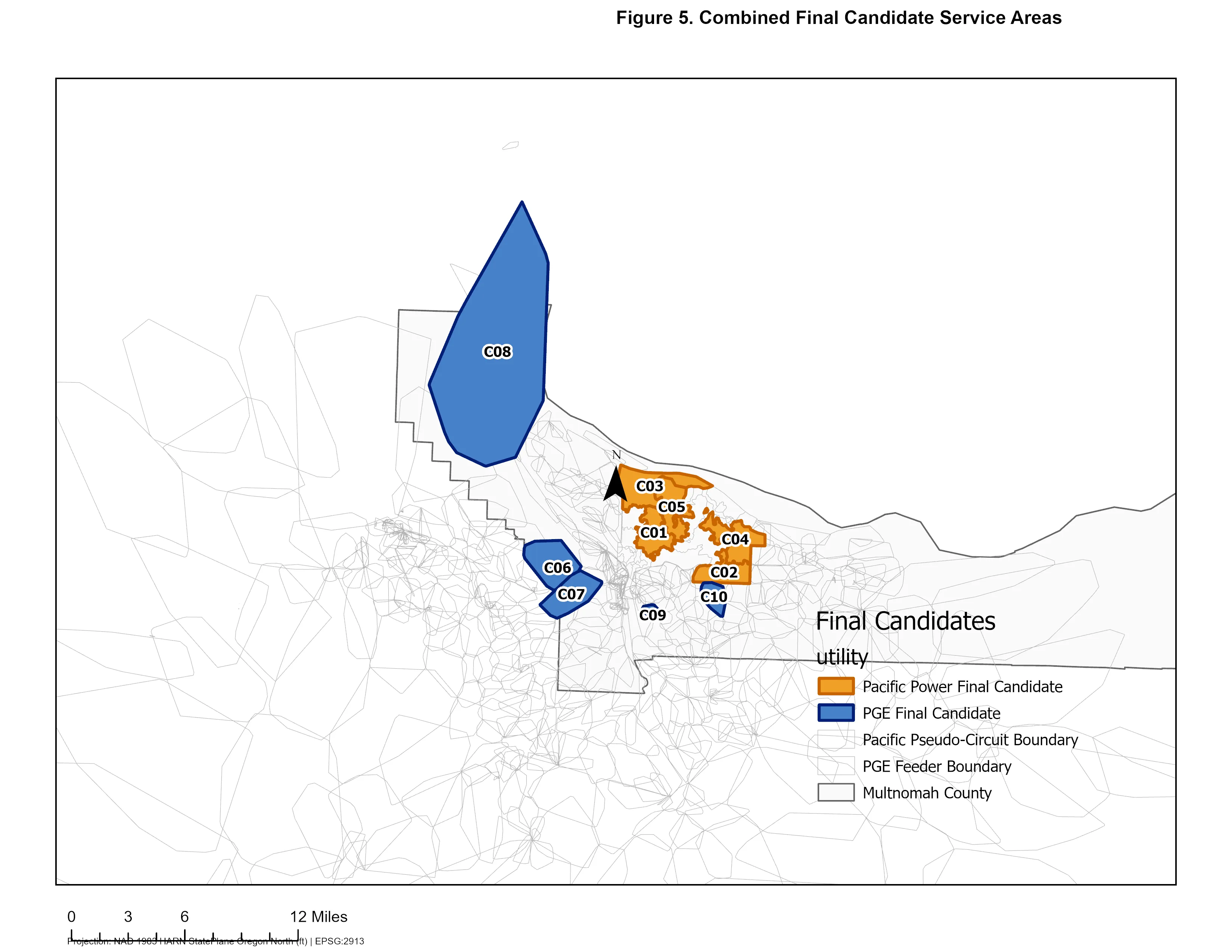 Map of the ten final candidate service areas, five PGE in blue and five Pacific Power in orange, across Multnomah County.