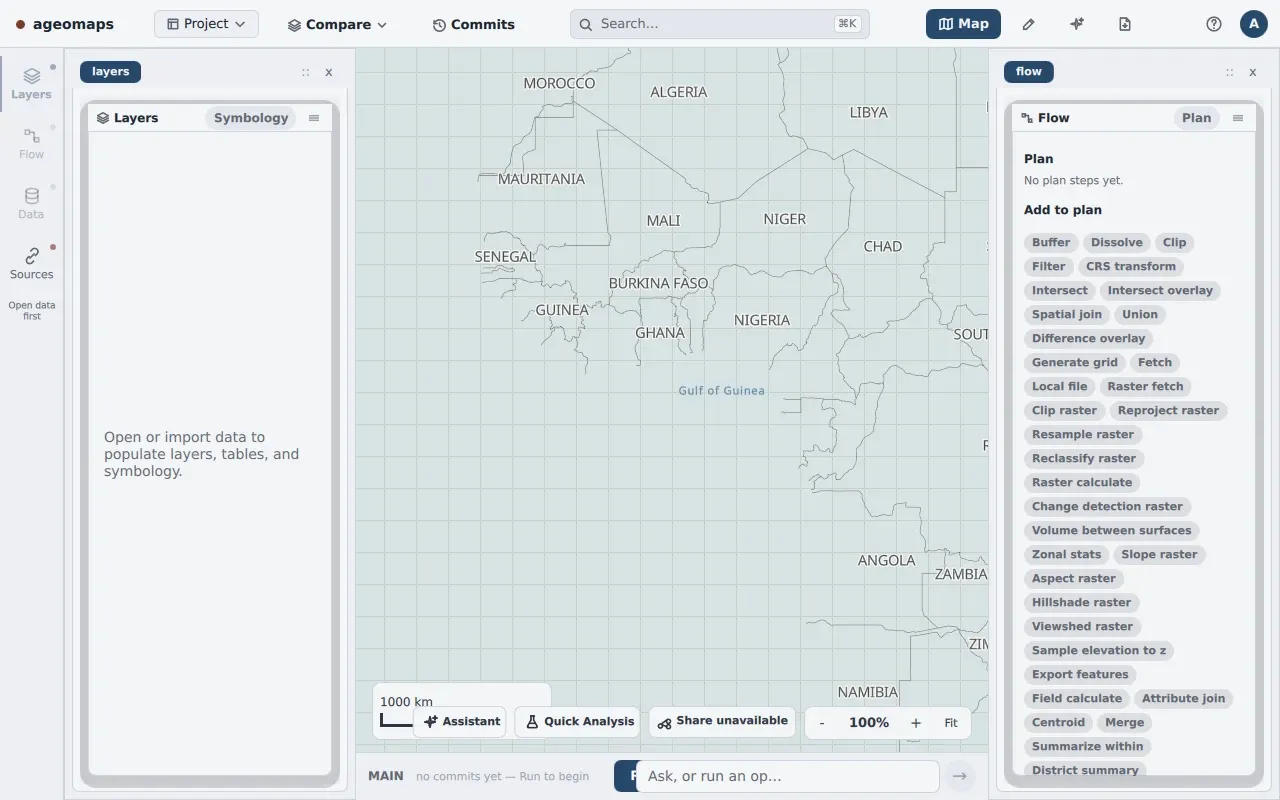 The ageomaps desktop app on the Map surface: a MapLibre basemap of West Africa, a left rail with Layers, Flow, Data, and Sources docks, a command search bar, and a Flow plan panel on the right listing operations like Buffer, Dissolve, Clip, and spatial join.