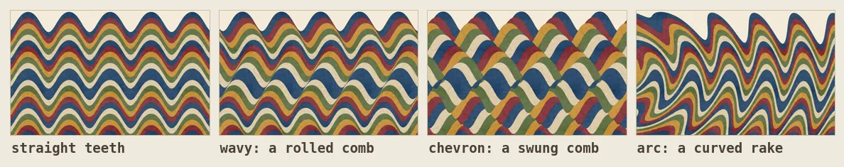 One striped ground combed four ways: straight teeth, a rolled comb, a swung comb, and a curved rake.