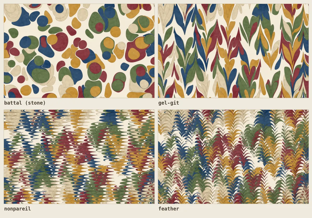 Four marbled panels in sequence: a stone ground of nested rings, then a gel-git zigzag, then a fine comb pass, then a feather.