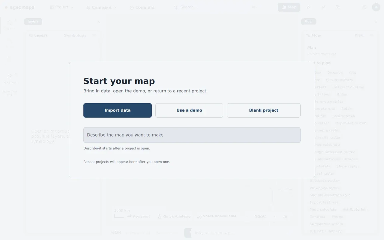 The first-run overlay titled 'Start your map', offering Import data, Use a demo, and Blank project buttons plus a prompt field to describe the map you want to make.