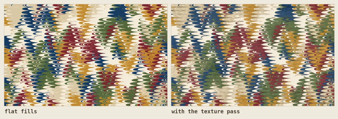 The same nonpareil pattern shown twice, once with flat vector-like fills and once with pigment grain and darkened boundary rims.
